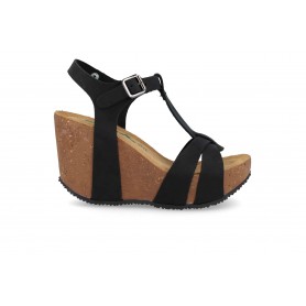Bionatura Sandali Donna Con Zeppa e Fibbia in Pelle Nabuk - NABNER (Nero)