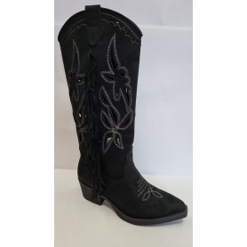 Crichic Stivali Donna Mod. Texano Con 1/2 Zip e Frange - CAMNER (Camoscio/Nero)