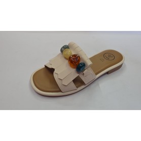 Galia Ciabatte Donna in Ecopelle con Frangia ed Accessorio - BEI (Beige)